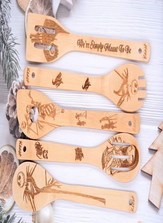 Keast 5Pcs Bamboo Spatula Spoon Set, The Nightmare and Christmas Nonstick Spatulas and Spoons Kitchen Christmas Decoration, Wood Kitchen Utensil Set Valentine's Day Gift Christmas Gift - Image 5