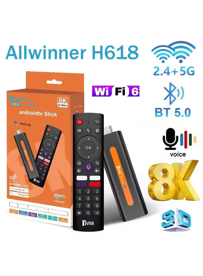 Android 14.0 TV Stick ATV Stick, Support 3D 8K HDR10+ Video, H618 Mini Smart TV Box Streaming Media Player, WiFi6 Dual 2.4G/5.8Ghz BT5.0 4K AV1,Voice Control Smart Home Player (2GB + 16GB)