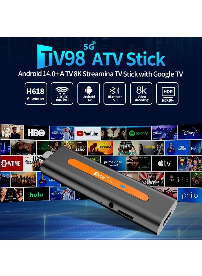 TV98 Android 14.0 TV Stick ATV Stick, Support 3D 8K HDR10+ Video, H618 Mini Smart TV Box Streaming Media Player, WiFi6 Dual 2.4G/5.8Ghz BT5.0 4K AV1,Voice Control Smart Home Player (2GB + 16GB) - Image 2