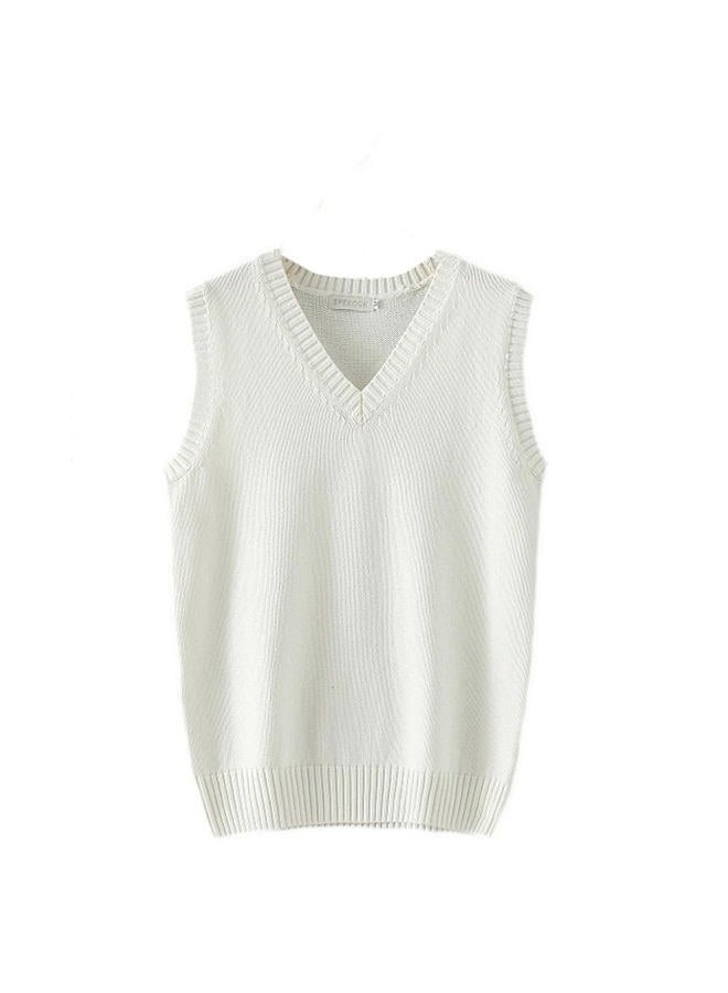 Betonsa Men Women Knitted Cotton V-Neck Vest JK Uniform Pullover Sleeveless Sweater School Cardigan, Solid White, XL - Image 1