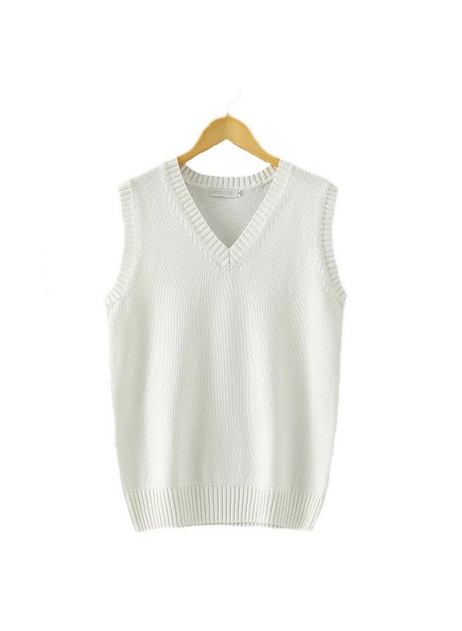 Betonsa Men Women Knitted Cotton V-Neck Vest JK Uniform Pullover Sleeveless Sweater School Cardigan, Solid White, XL - Image 3