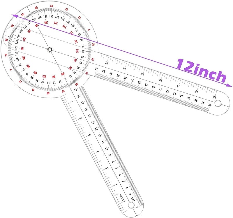 Zikra Transparent Goniometer, 12 Inch Orthopedic Angle Ruler Plastic Goniometer 360 Degree for Body Measuring Tape Goniometer Protractor Ruler - Image 5
