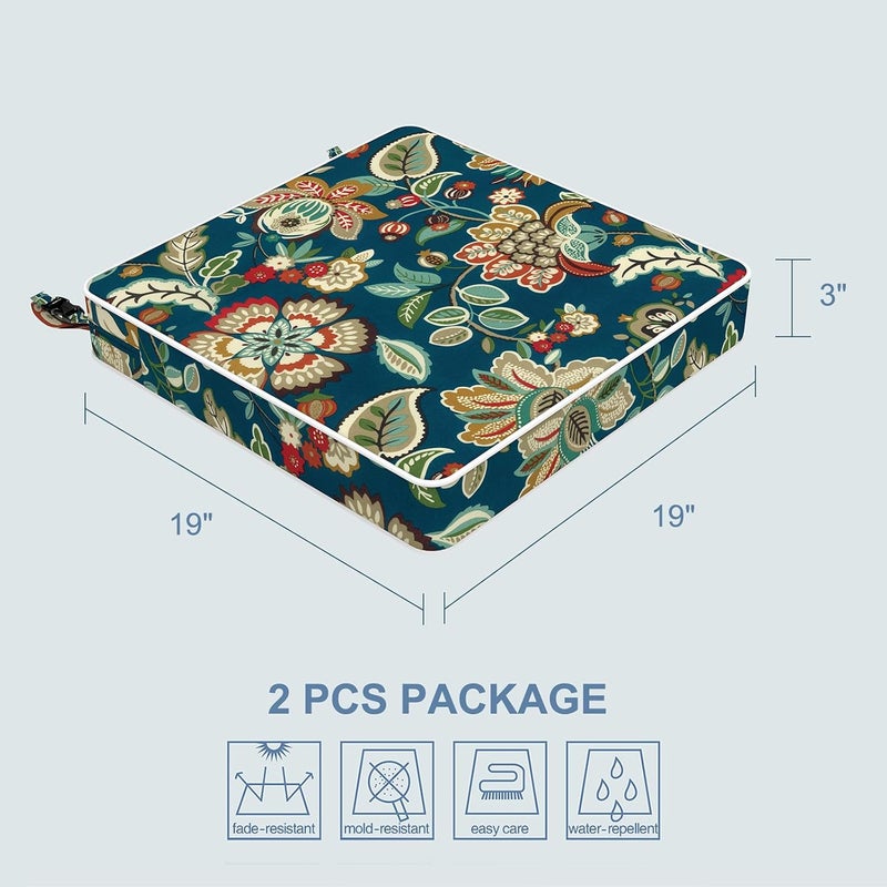 LVTXIII Patio Chair Cushions 19"x19"x3", Water-Repellent Outdoor Seat Cushions for Patio Furniture, Square Chair Pads with Ties for Home Garden Decoration, Set of 2, Peacock Blue - Image 3