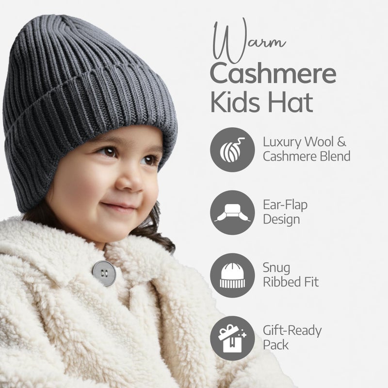 WaySoft Kids Cashmere Blend Beanie with Ear Flaps, Ribbed Knit Winter Hat for Boys & Girls, Warm Cold Weather Cap, Grey - Image 2