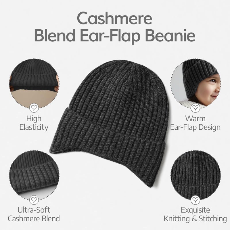 WaySoft Kids Cashmere Blend Beanie with Ear Flaps, Ribbed Knit Winter Hat for Boys & Girls, Warm Cold Weather Cap, Grey - Image 4