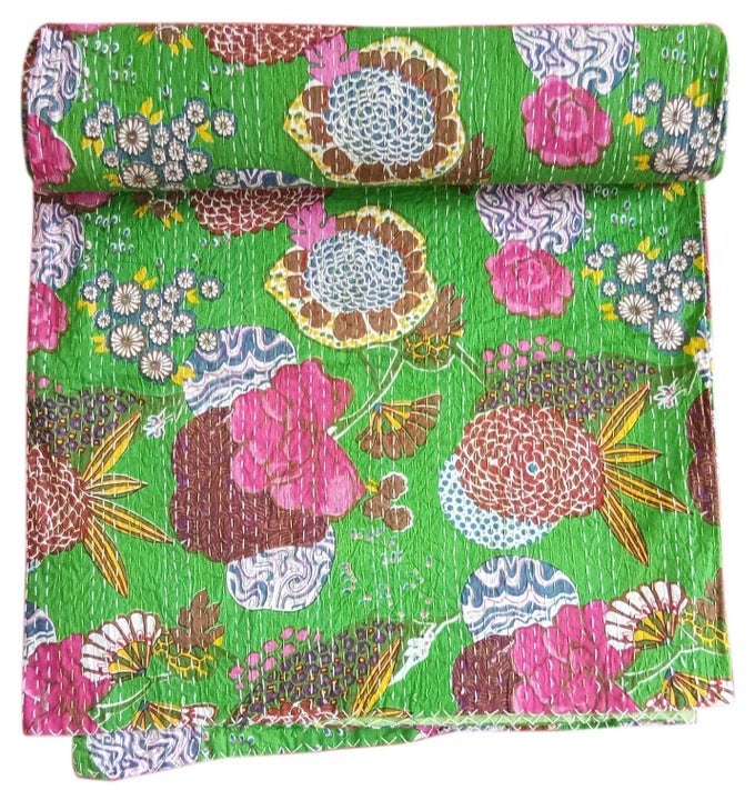 CREATIONS CREATIONS TRADITIONAL ETHNIC KANTHA INDIAN BEDDING SINGLE EMERALD COTTON TROPICAL FRUIT HAND STITCHED BEDDING BED COVER BY CREATIONS CREATIONS90X60 INCH