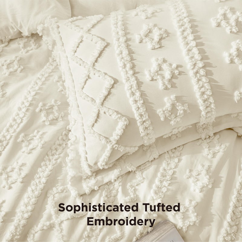 Bedsure Tufted Boho Comforter Set King Size - Ivory Boho Bed Set, GentleSoftâ„¢ 3 Pieces Farmhouse Shabby Chic Embroidery Bedding, Gifts for Woman, Soft Jacquard King Comforter for All Seasons - Image 5