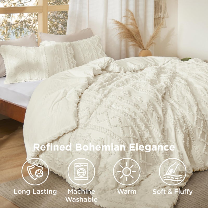 Bedsure Tufted Boho Comforter Set King Size - Ivory Boho Bed Set, GentleSoftâ„¢ 3 Pieces Farmhouse Shabby Chic Embroidery Bedding, Gifts for Woman, Soft Jacquard King Comforter for All Seasons - Image 4