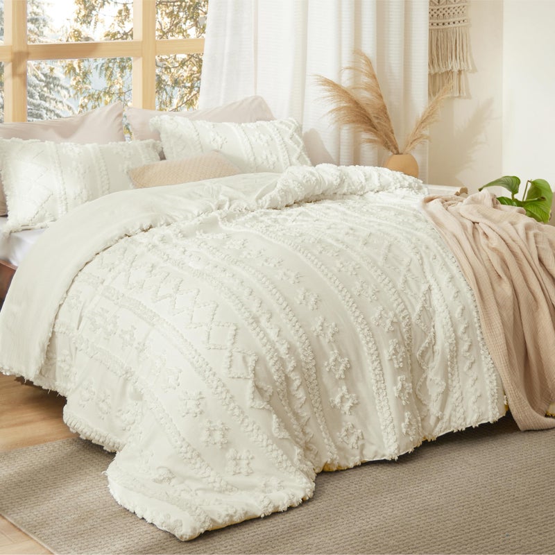 Bedsure Tufted Boho Comforter Set King Size - Ivory Boho Bed Set, GentleSoftâ„¢ 3 Pieces Farmhouse Shabby Chic Embroidery Bedding, Gifts for Woman, Soft Jacquard King Comforter for All Seasons - Image 2