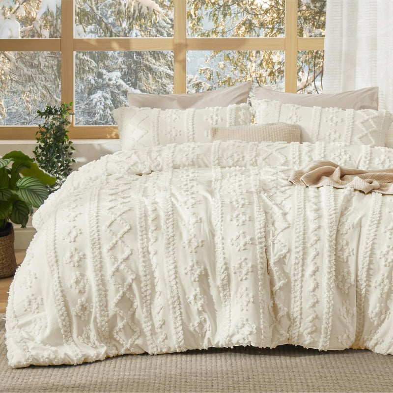 Bedsure Tufted Boho Comforter Set King Size - Ivory Boho Bed Set, GentleSoftâ„¢ 3 Pieces Farmhouse Shabby Chic Embroidery Bedding, Gifts for Woman, Soft Jacquard King Comforter for All Seasons - Image 1