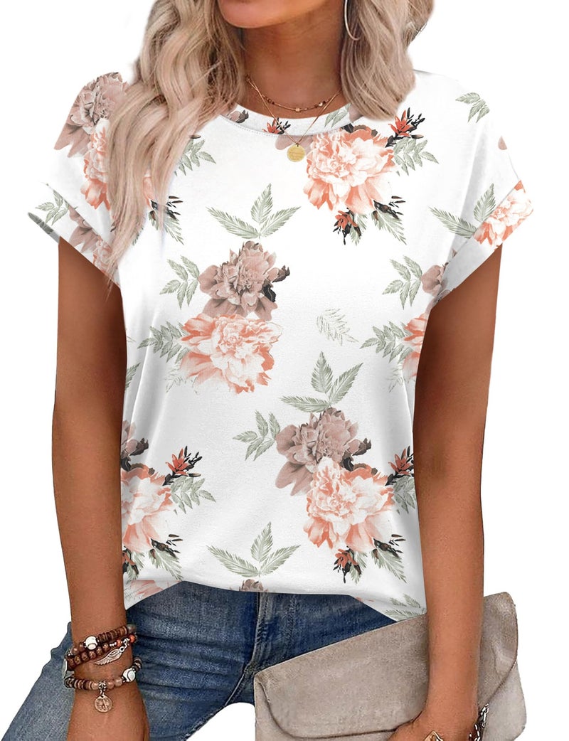 Alaroo Floral Tops for Women Cap Sleeve Round Neck T Shirts Trendy Dressy Casual Print 02 M - Image 1