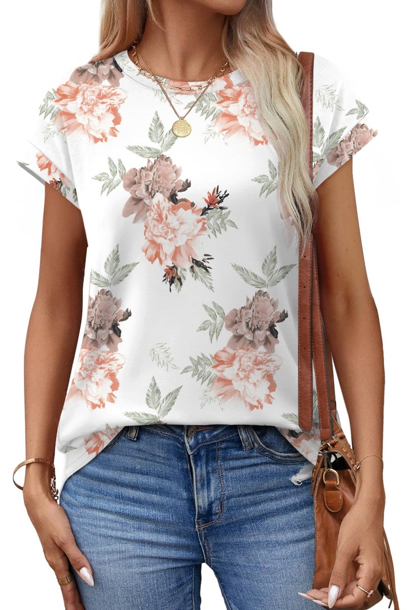 Alaroo Floral Tops for Women Cap Sleeve Round Neck T Shirts Trendy Dressy Casual Print 02 M - Image 3