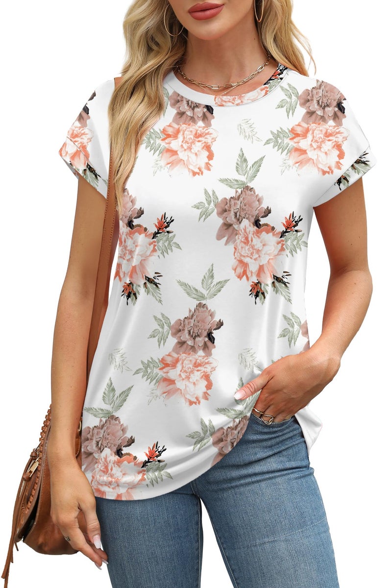 Alaroo Floral Tops for Women Cap Sleeve Round Neck T Shirts Trendy Dressy Casual Print 02 M - Image 2