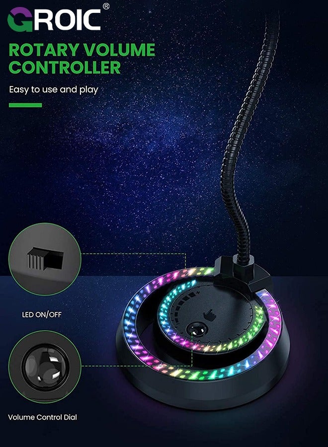 جرويك USB Recording Microphone with RGB LED Light Stand for Laptop YouTube Live Broadcast Karaoke Gamers Computer Microphone - Image 4