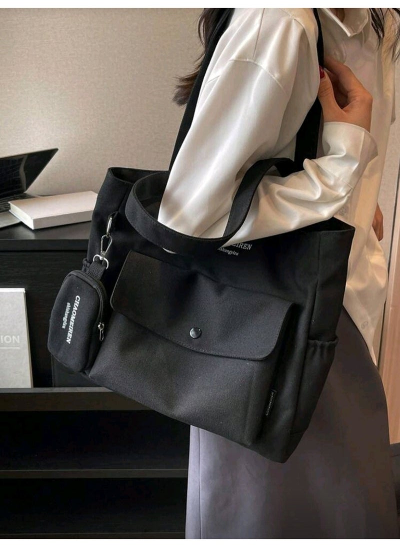 Tote Bag Canvas Shoulder Bag With Coin Purse, Large Capacity, Multi-Pocket, Casual Style For Daily Use, Tote Bag With Letter Design, Suitable For College Students And Street Style, Literary School Bag & Bookbag For Women Or Students, Perfect For Books, Shopping. - Image 2