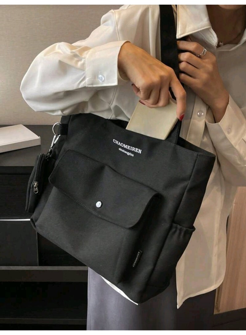 Tote Bag Canvas Shoulder Bag With Coin Purse, Large Capacity, Multi-Pocket, Casual Style For Daily Use, Tote Bag With Letter Design, Suitable For College Students And Street Style, Literary School Bag & Bookbag For Women Or Students, Perfect For Books, Shopping. - Image 3