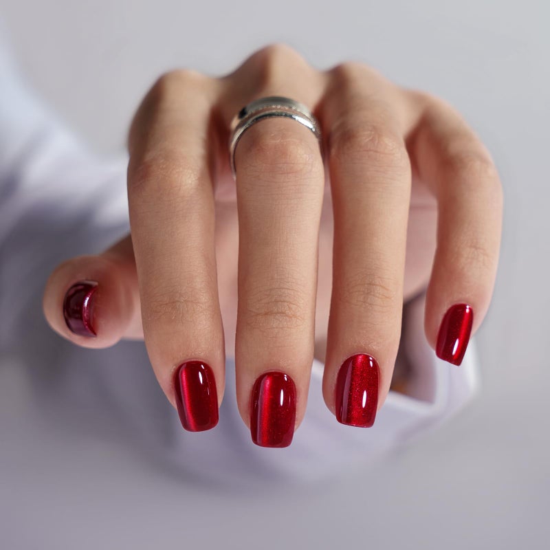 BTArtbox Press On Nails Red  Cat Eye Press On Nails Square for GiftsCherry Short Stick On Nails with Glue Glossy Reusable Nail Tips in 15 Sizes  30 Soft Gel Fake Nails Kit Hot Love
