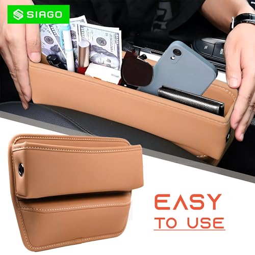 SIAGO Car Seat Gap Filler Organizer | Premium PU Leather Storage Box for Phone | Car Accessories for Keys, Cards & Coins | Universal Fit for Cars, SUVs & Trucks (Tan) (SIA133) - Image 2