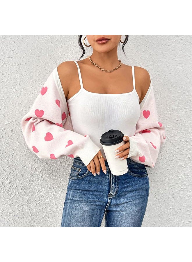 Durio Pink Bolero Shrug Heart Sweater Cardigan Valentine Cute Sweaters for Women Y2K Long Sleeve Cropped Open Front Top Womens Gifts Pink Heart Large - Image 2