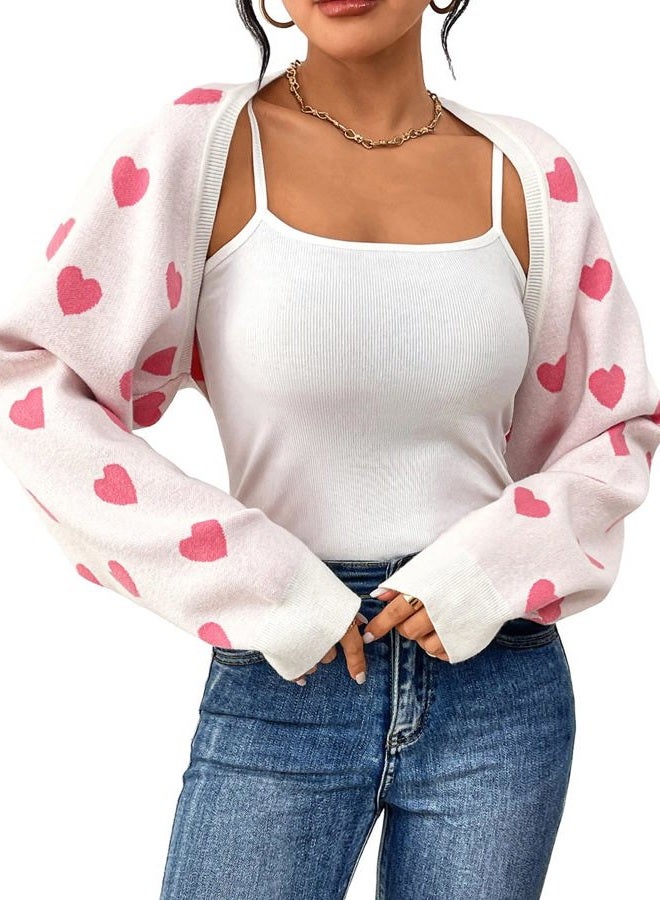 Durio Pink Bolero Shrug Heart Sweater Cardigan Valentine Cute Sweaters for Women Y2K Long Sleeve Cropped Open Front Top Womens Gifts Pink Heart Large - Image 1