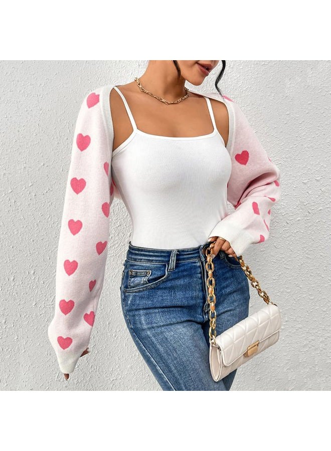 Durio Pink Bolero Shrug Heart Sweater Cardigan Valentine Cute Sweaters for Women Y2K Long Sleeve Cropped Open Front Top Womens Gifts Pink Heart Large - Image 3