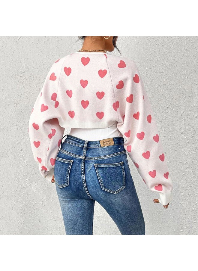 Durio Pink Bolero Shrug Heart Sweater Cardigan Valentine Cute Sweaters for Women Y2K Long Sleeve Cropped Open Front Top Womens Gifts Pink Heart Large - Image 5