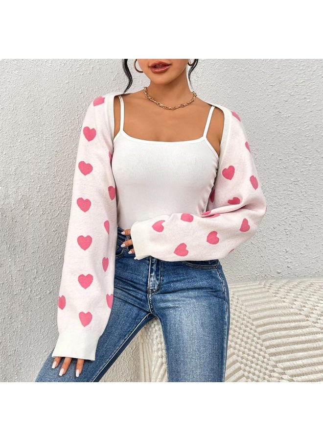 Durio Pink Bolero Shrug Heart Sweater Cardigan Valentine Cute Sweaters for Women Y2K Long Sleeve Cropped Open Front Top Womens Gifts Pink Heart Large - Image 4