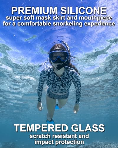 Reef Tourer RC0203 Youth Single-Window Mask & Snorkel Combo Set, Semi-Dry Top, Purge Valve, Wide View Tempered Glass Lens, Snorkeling Gear for Kids Age 4-9 with Reusable Mesh Bag, Black/Metallic Blue - Image 5