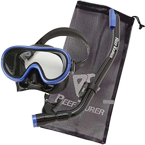 Reef Tourer RC0203 Youth Single-Window Mask & Snorkel Combo Set, Semi-Dry Top, Purge Valve, Wide View Tempered Glass Lens, Snorkeling Gear for Kids Age 4-9 with Reusable Mesh Bag, Black/Metallic Blue - Image 1