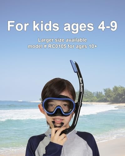 Reef Tourer RC0203 Youth Single-Window Mask & Snorkel Combo Set, Semi-Dry Top, Purge Valve, Wide View Tempered Glass Lens, Snorkeling Gear for Kids Age 4-9 with Reusable Mesh Bag, Black/Metallic Blue - Image 2