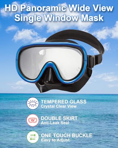 Reef Tourer RC0203 Youth Single-Window Mask & Snorkel Combo Set, Semi-Dry Top, Purge Valve, Wide View Tempered Glass Lens, Snorkeling Gear for Kids Age 4-9 with Reusable Mesh Bag, Black/Metallic Blue - Image 3