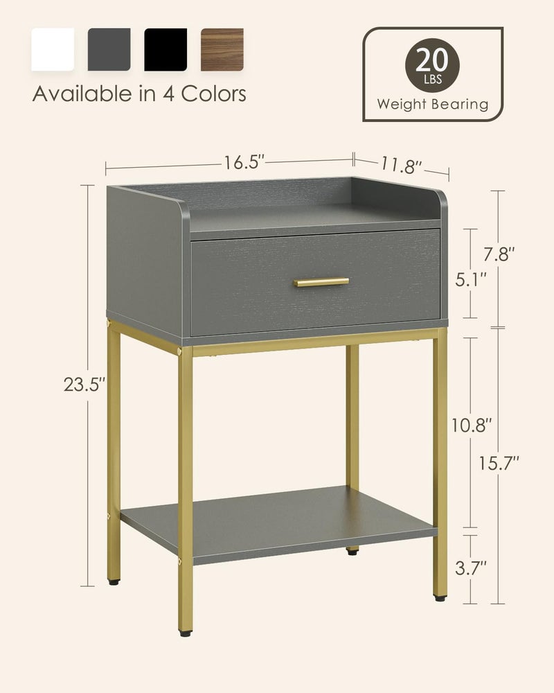 Masupu Gray Nightstand,3-Tier Modern Bedside Table Night Stand with Storage Drawer and Shelf,Small End Side Table for Bedroom,Living Room,(Without Outlet,) - Image 2