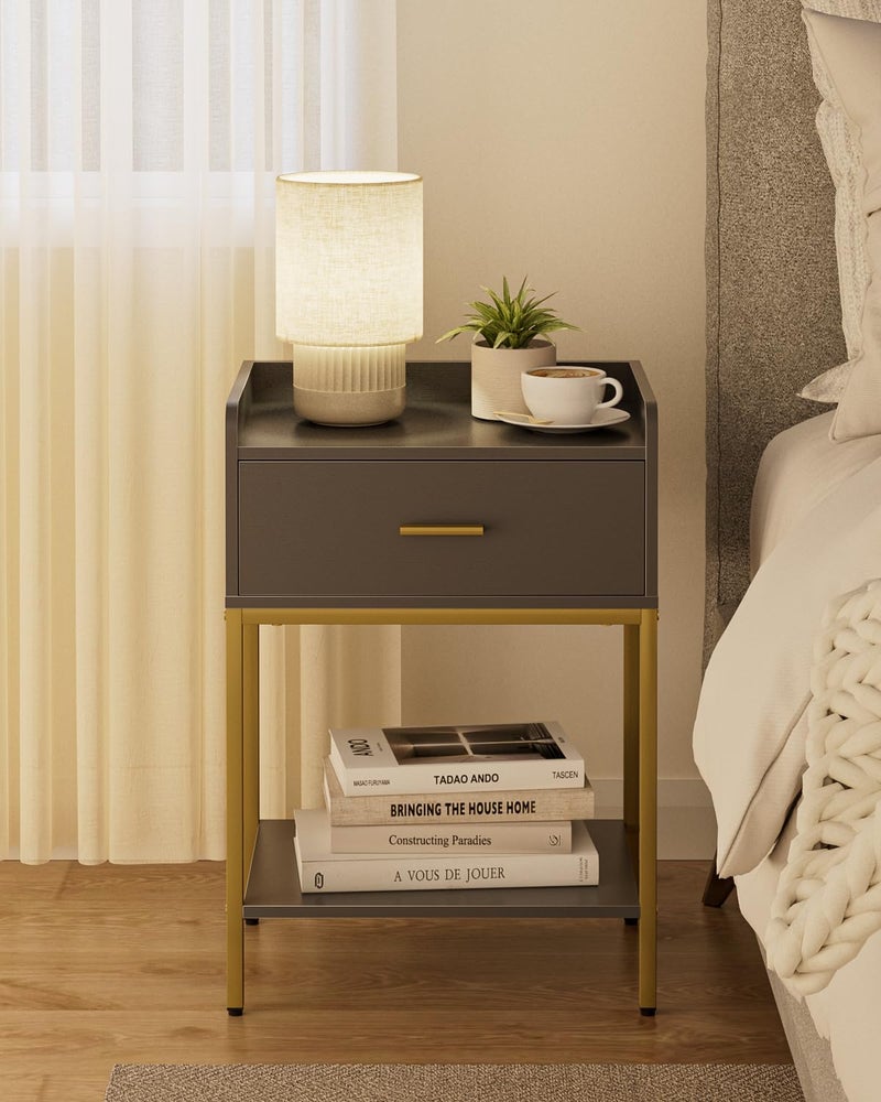 Masupu Gray Nightstand,3-Tier Modern Bedside Table Night Stand with Storage Drawer and Shelf,Small End Side Table for Bedroom,Living Room,(Without Outlet,) - Image 3