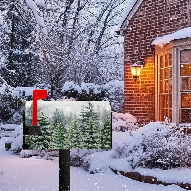 Farg Winter Pine Trees Mailbox Covers Magnetic Christmas Green Forest Snowflakes Mailbox Cover Standard Size 21 x 18 Inch Winter Snow Holiday Mail Box Wraps for Farmhouse Garden Yard Decor - Image 2