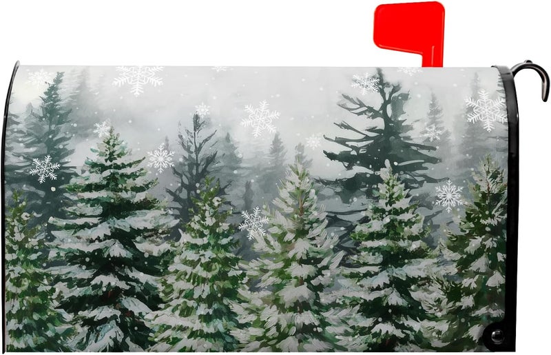 Farg Winter Pine Trees Mailbox Covers Magnetic Christmas Green Forest Snowflakes Mailbox Cover Standard Size 21 x 18 Inch Winter Snow Holiday Mail Box Wraps for Farmhouse Garden Yard Decor - Image 1