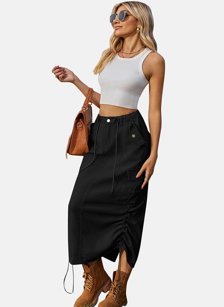 YUNIQEE Black Mid Rise Plain Midi Skirt - Image 1