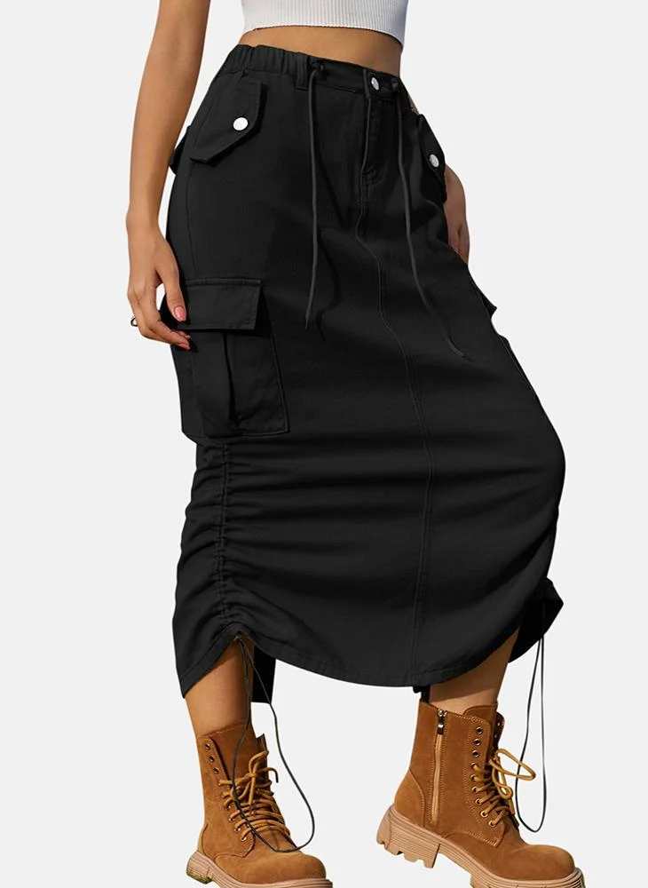 YUNIQEE Black Mid Rise Plain Midi Skirt