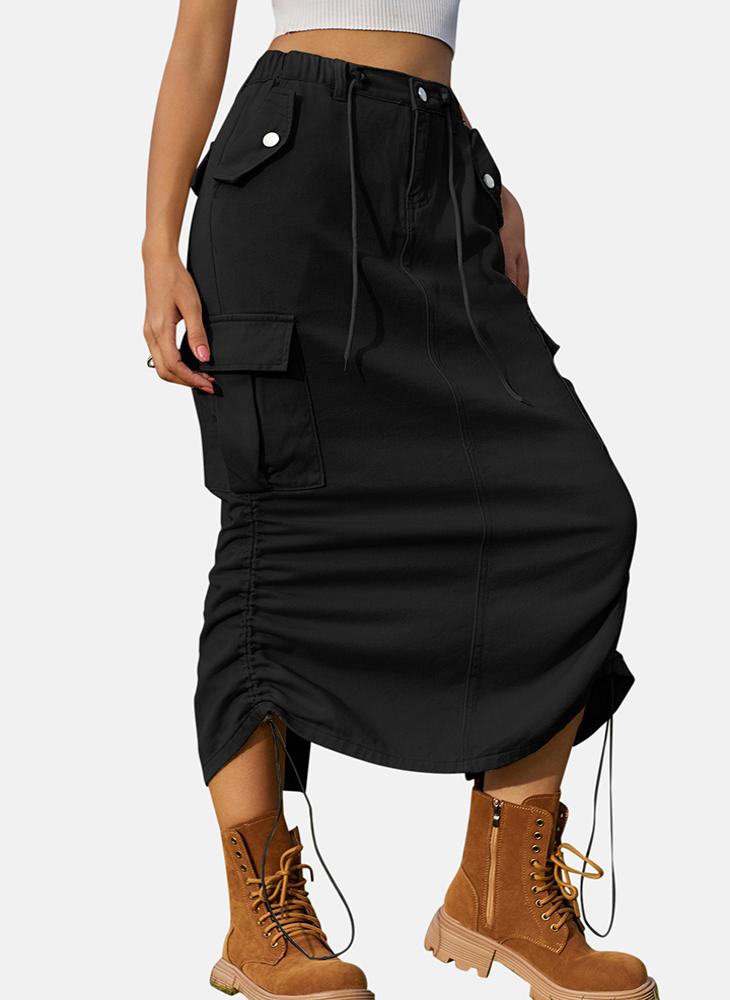 YUNIQEE Black Mid Rise Plain Midi Skirt - Image 3
