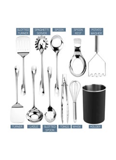 COOK WITH COLOR COOK WITH COLOR Stainless Steel Kitchen Utensil Set - 10-piece premium Nonstick & Heat Resistant Kitchen Gadgets, Turner, Spaghetti Server, Ladle, Serving Spoons, Whisk, Tongs, Masher & Utensil Holder  - Image 3