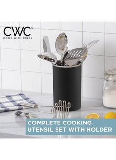 COOK WITH COLOR COOK WITH COLOR Stainless Steel Kitchen Utensil Set - 10-piece premium Nonstick & Heat Resistant Kitchen Gadgets, Turner, Spaghetti Server, Ladle, Serving Spoons, Whisk, Tongs, Masher & Utensil Holder  - Image 2