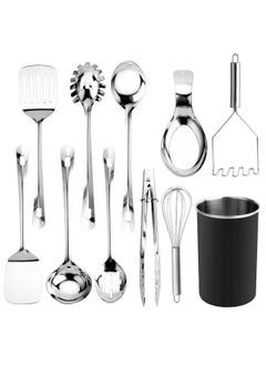 COOK WITH COLOR COOK WITH COLOR Stainless Steel Kitchen Utensil Set - 10-piece premium Nonstick & Heat Resistant Kitchen Gadgets, Turner, Spaghetti Server, Ladle, Serving Spoons, Whisk, Tongs, Masher & Utensil Holder  - Image 1