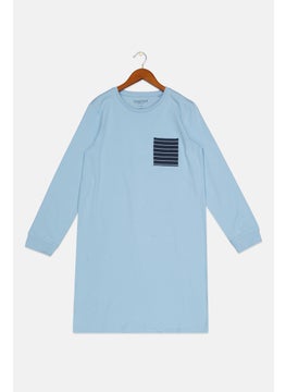 Tchibo Kids Girl Chest Pocket Long Sleeve Sleepwear Dress, Light Blue  - Image 1