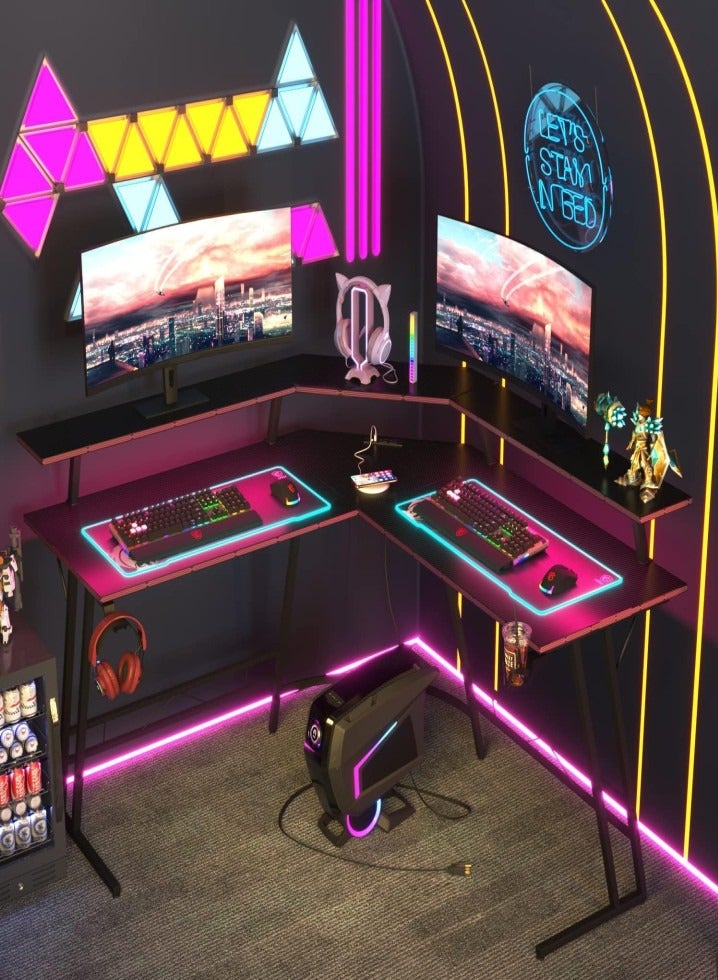 Generic MISS ROSE M L Desk, 20 Colors LED Gaming Desk, L Shaped Gaming Desk with Charging Station, Super Spacious Two Tier Gaming Table  - Image 3