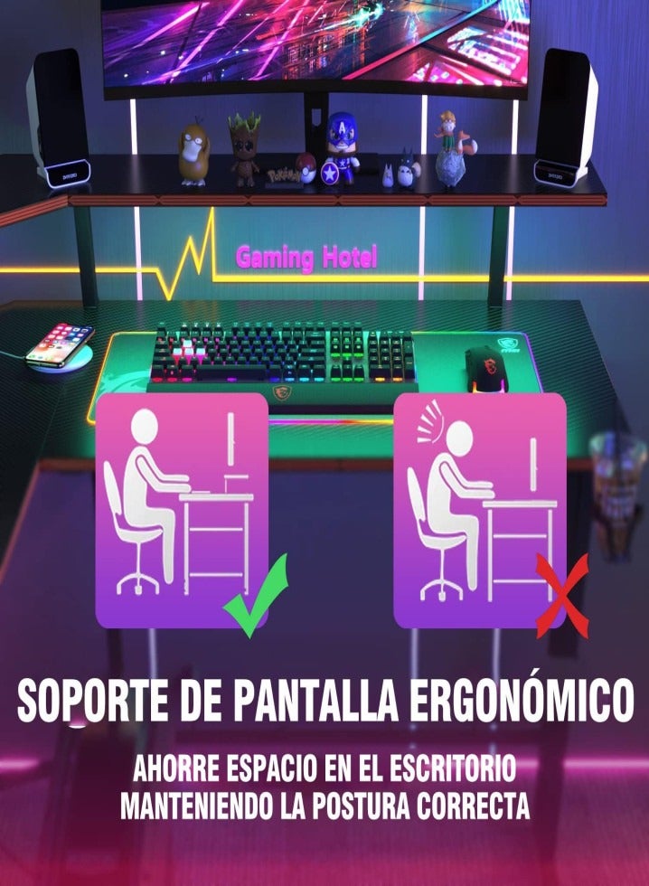 Generic MISS ROSE M L Desk, 20 Colors LED Gaming Desk, L Shaped Gaming Desk with Charging Station, Super Spacious Two Tier Gaming Table  - Image 5