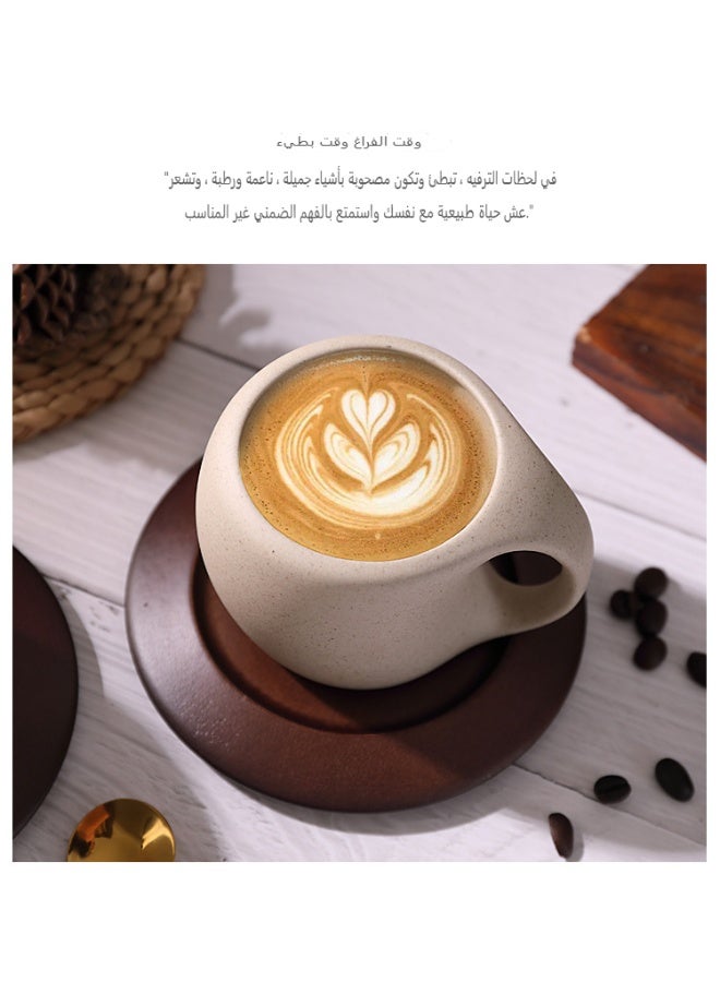 كوب القهوة السيراميكية 250 مل مع مقبض مجموعة دعم غسالة صحون الميكروويف ، كوب حليب الشاي المحمول مع صحن خشبي و 304 ملعقة ذهبية من الفولاذ المقاوم للصدأ ، هدايا الشرب المقاومة للحرارة لمكتب رمضان - Image 2