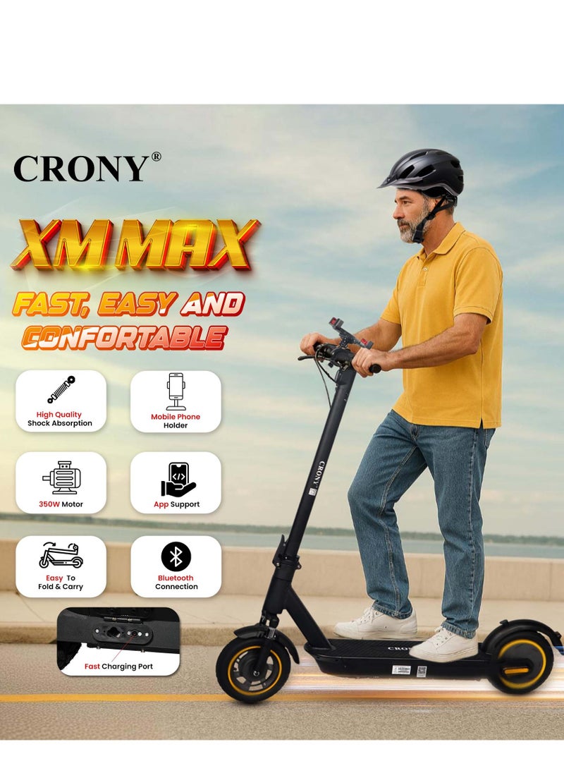 كروني - سكوتر كهربائي Xm Max 350 واط، 36 فولت/15.6 أمبير/ساعة، مدى 25-45 كم، سرعة 35-55 كيلو/ساعة، تعليق أمامي، أقصى حمولة 120 كجم، سكوتر كهربائي بإطار من الألومنيوم قابل للطي، قاعدة إضاءة LED، شاشة LCD، اتصال بالتطبيق، حامل هاتف محمول، لوح تزلج، محرك عالي السرعة للبالغين والأطفال، للتنقل، على الطرق الوعرة والاستخدام الحضري، دراجة كهربائية محمولة ومريحة للتنقل مع سهولة الطي، محرك بدون فرشاة، وبطارية طويلة الأمد لمغامرات جميع التضاريس، مضاد للاهتزاز، أسود - Image 1