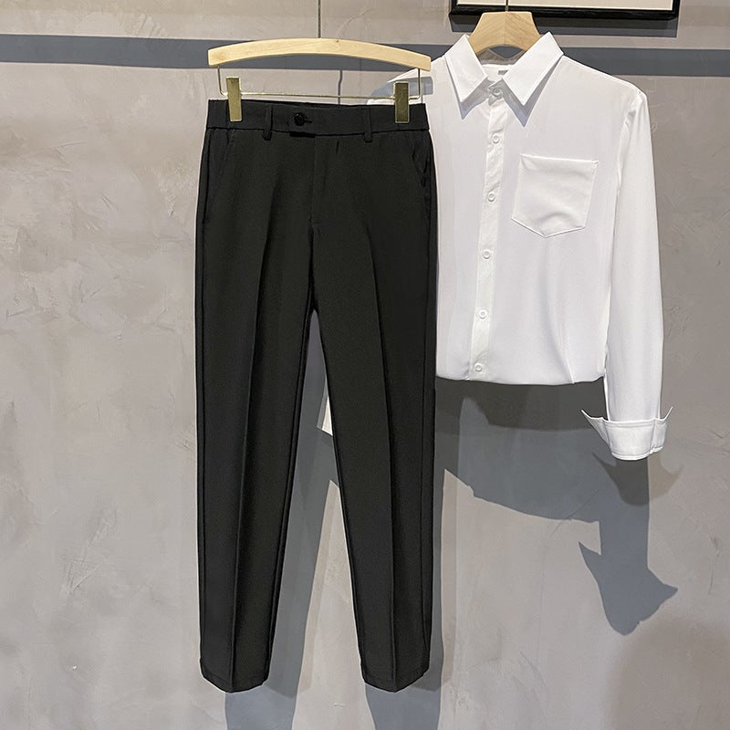 Spring Mens Nine-point Straight Pants Slim-fit Mens British Non-ironing Elastic Waist Design Inner and Outer Button Suit Pants Black  - Image 1