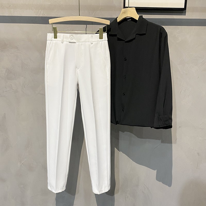Spring Mens Nine-point Straight Pants Slim-fit Mens British Non-ironing Elastic Waist Design Inner and Outer Button Suit Pants Black  - Image 3