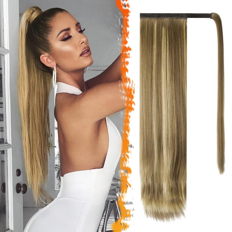 BARSDAR Medium Brown Highlight Straight Wrap Ponytail Extension  26 Inch Long Straight Wrap Around Ponytails for Women Synthetic Clip in Ponytails Extensions Balayage Pony Tails Hairpieces