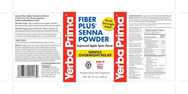 Yerba Prima Fiber Plus Senna Powder - 12 oz - Apple Spice Flavor, Gentle Overnight Relief, Non-GMO, Gluten-Free - Image 2